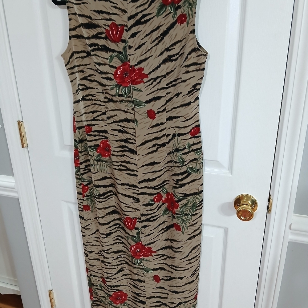 Vintage Zebra Print Sleeveless Dress with Red Floral Accents Midi Cruise Resort - Picture 5 of 6